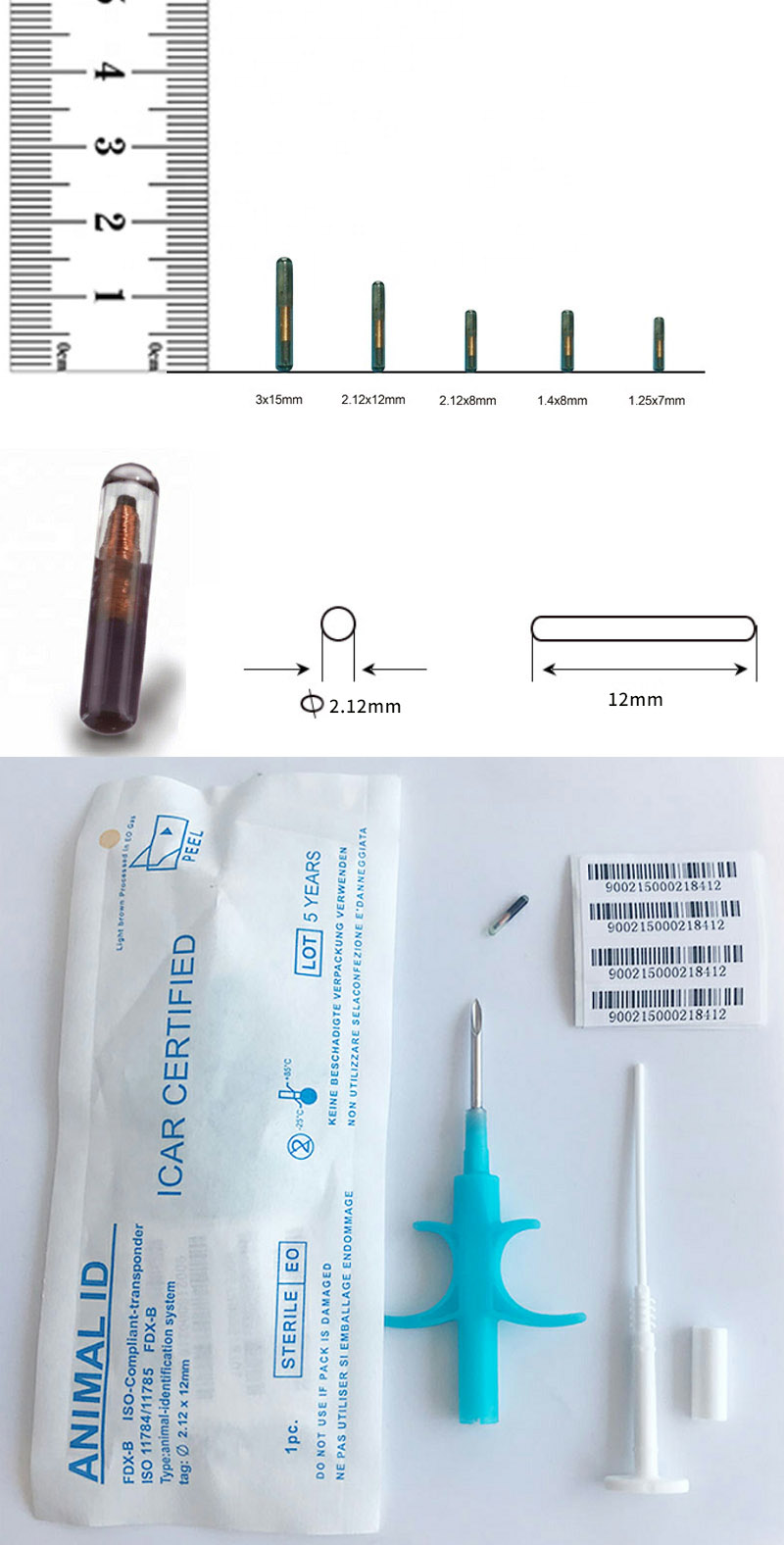 1.25 x 7 mm 134.2 kHz EM4305 RFID Animal Microchip Tag with Injector for Fish and Small Animals 1.25 x 7 mm 134.2 kHz EM4305 RFID Animal Microchip Tag with Injector for Fish and Small Animals